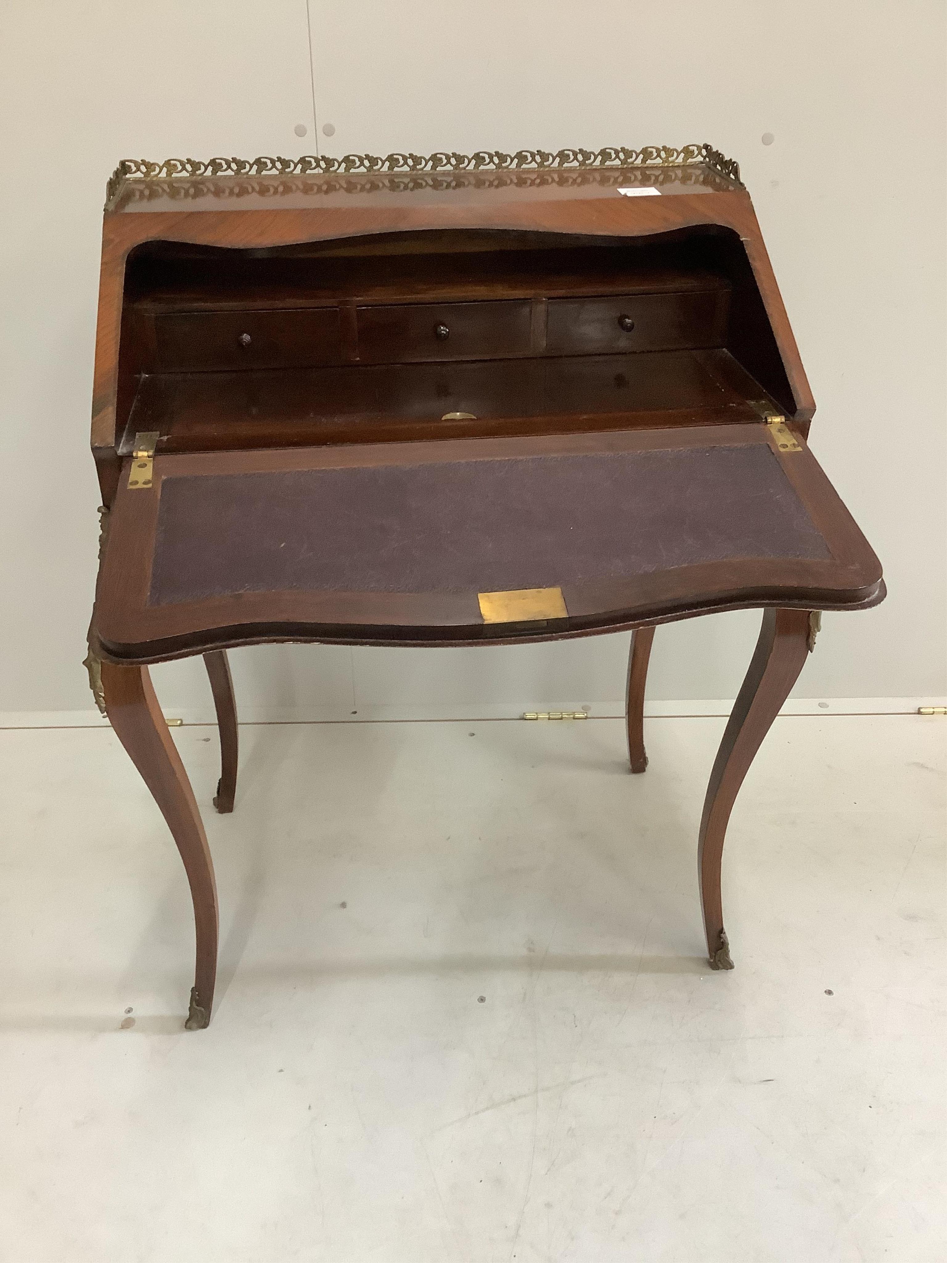 An early 20th century French Vernis Martin style rosewood bonheur du jour, width 66cm, depth 46cm, height 92cm